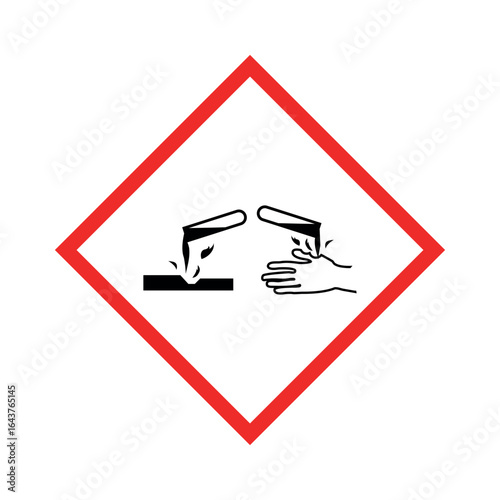 Corrosive Warning Hazard Vector Sign in Red Rhombus Shape. Placard Class 8 of Hazardous Material. Flat Pictogram Design Symbol.