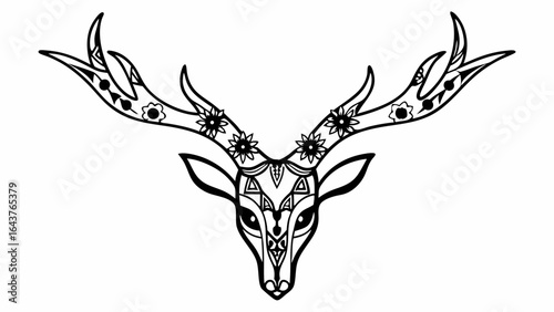 Detailed line art of a deer head with floral and geometric patterns adorning its antlers and face