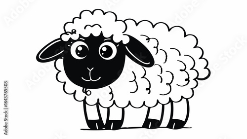 Illustration of a cartoon sheep with a black face and fluffy white wool standing on four legs