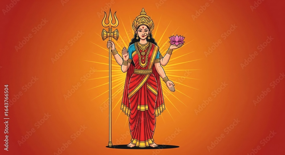 Fototapeta premium Bold Maa Durga Idol Vector – Trishul, Lotus, Deep Orange Background, Clean Line Navratri Illustration