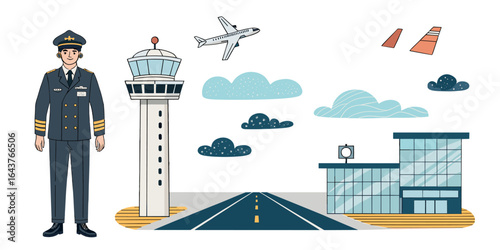 A cartoon of a pilot at the airport, there are air traffic control tower and an airplane. The image shows a pilot standing in front of an airport terminal, ready for his duties.