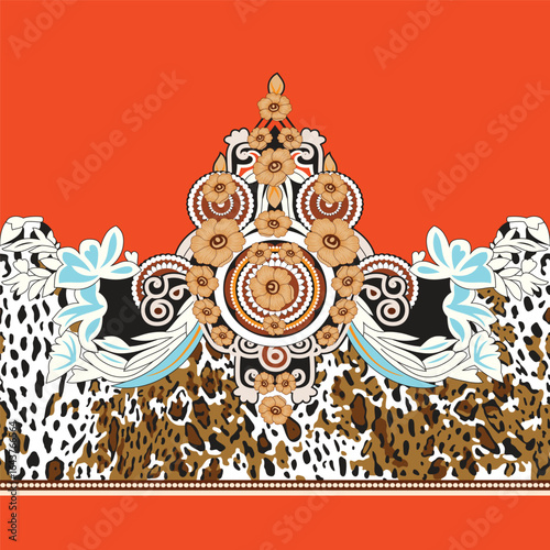 Digital textile design motif with geometrical border and ethnic style decoration with botanical flowers and ornaments easy to used for textile design and draw flowers allover pattern