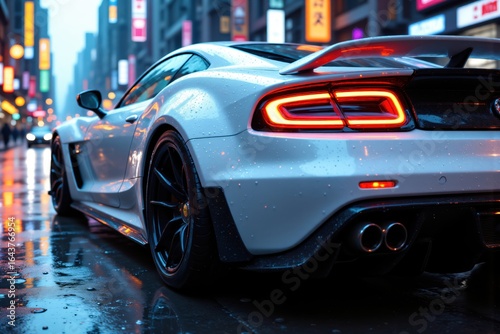White Sports Car on Rainy City Street at Night
