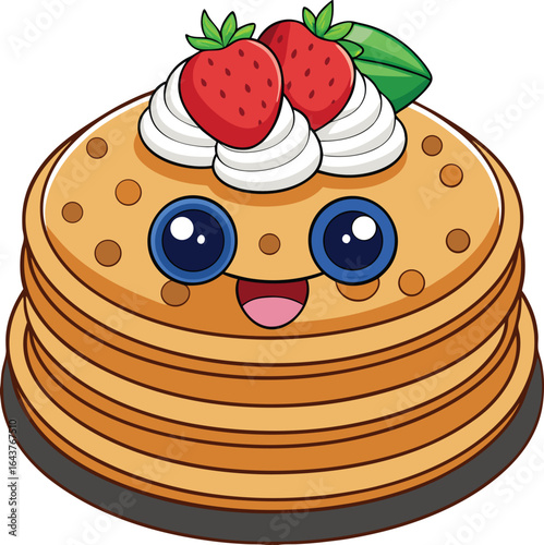 Kawaii Vector Russian Blini Pancake Stack with Berry Smile