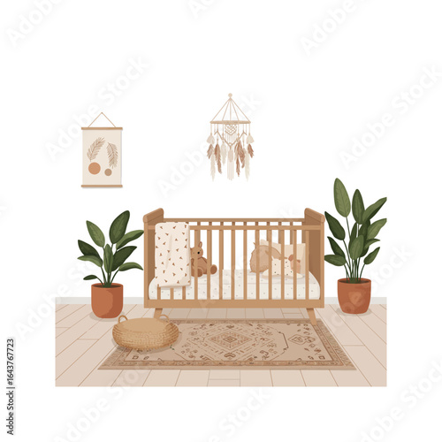 Warm wooden furniture and vibrant potted plants adorn this inviting interior living room, bringing nature's tranquility indoors