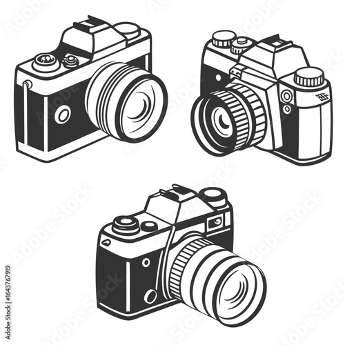 Black silhouette camera body and lens icon set