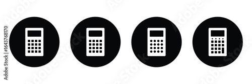 Flat design calculator pictograms, Collection of calculator illustrations, Line art calculator icons, Flat design calculator icon set for finance, accounting, and school projects. Vector illustration