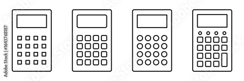 Flat design calculator pictograms, Collection of calculator illustrations, Line art calculator icons, Flat design calculator icon set for finance, accounting, and school projects. Vector illustration