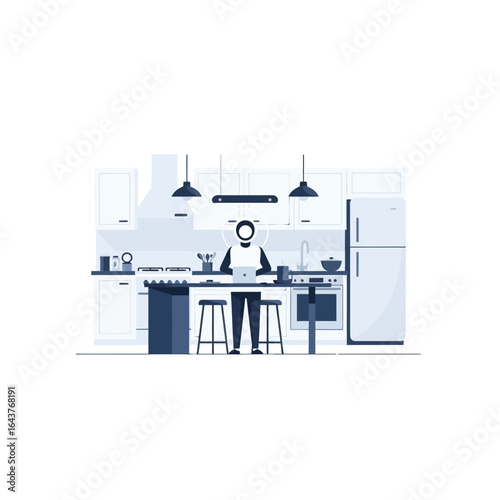 Person cooking in a modern, minimalist kitchen.  A simple, clean kitchen design with a person preparing food at a central island.