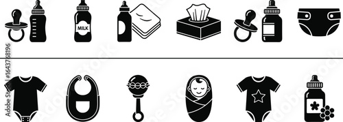 Baby care icons vector set, pacifier, bottle, diaper, onesie, bib, rattle, swaddled infant, baby essentials clipart