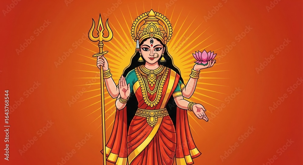 Obraz premium Bold Maa Durga Idol Vector – Trishul, Lotus, Deep Orange Background, Clean Line Navratri Illustration