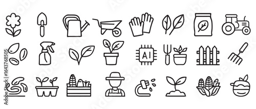 Outlined agriculture and farming elements arranged in a grid pattern against a transparent background