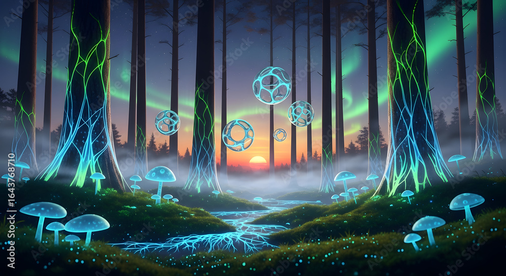 custom made wallpaper toronto digitalEnchanted forest landscape with glowing flora, a mystic river, and celestial aurora lights in a fantasy world