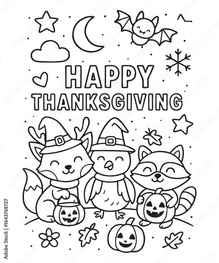 Fototapeta premium Smiling animals celebrate happy thanksgiving with pumpkins, moon, and stars in black and white