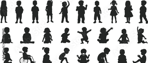 Collection of diverse children silhouettes, standing, sitting, playing, walking, including child in wheelchair, boys, girls, toddlers, various poses, black and white