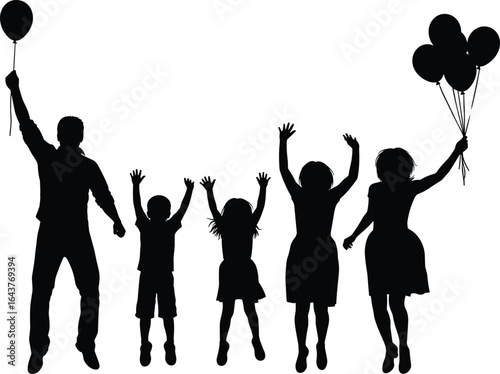 Family celebration silhouettes, joyful people with balloons, children and adults raising arms, festive vector art, happy gathering illustration
