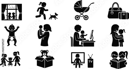 Family lifestyle icon set, parenting and childcare symbols, daily activities vector, baby care, children playing, home life illustrations