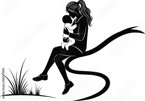 Mother lovingly holding baby on park bench, mom hugging infant, maternal love, family bonding, outdoor silhouette, parent and child care