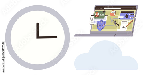 Laptop with cybersecurity interface, shield, key, and messages. Clock and cloud represent time, data storage, innovation. Ideal for privacy, security time management cloud computing technology