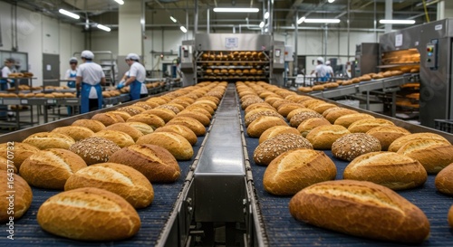 Leading Lines of Golden Bread on an Automated Bakery Production Line