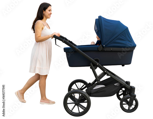 A woman pushing a stroller with a child seated inside, walking on a sunny day isolated on transparent background.