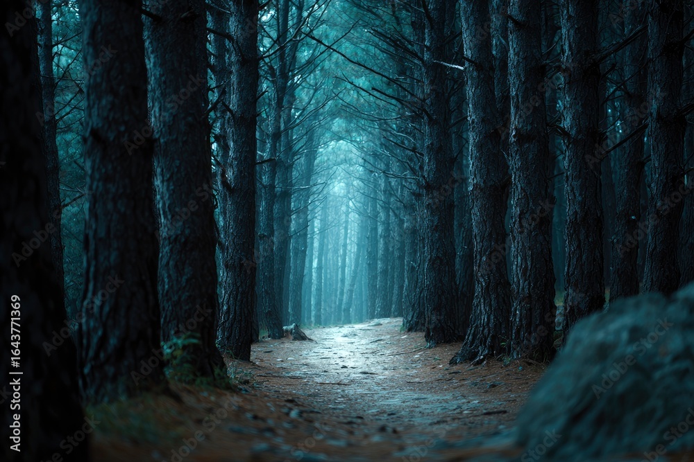 Naklejka premium Dark moody forest path with tall dense trees and soft ethereal light at the end of a leafstrewn trail