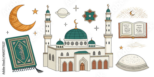 Illustration showing a mosque, prayer rug, quran, moon, stars and kufi cap in a whimsical style on transparent background