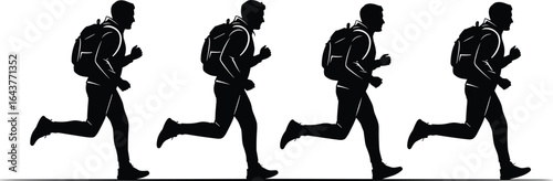 Running person silhouette sequence with backpack, athletic movement, dynamic stride poses, motion study, sports activity, vector illustration design