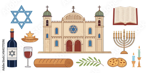 Illustration showing jewish religious symbols including synagogue star of david and menorah candles and wine on transparent background