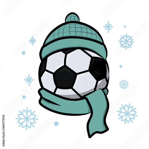 A creative illustration of a soccer ball wearing a winter hat and scarf surrounded by snowflakes representing the concept of football during cold season suitable for sport design mascot