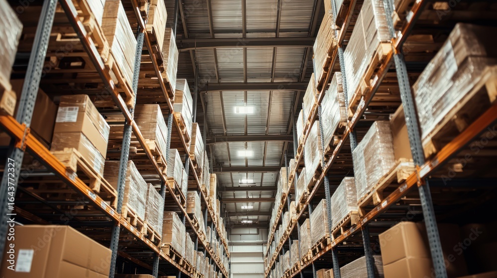 Obraz premium A warehouse with rows of cardboard boxes and metal racks.