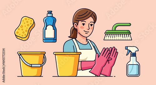 Illustration of a woman with cleaning supplies including spray bottle, sponge, and buckets for cleaning