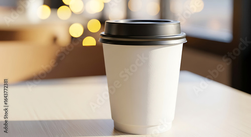A clean, empty white disposable coffee cup with a black lid stands prominently on a light surface, ready for digital design mockups or a warm beverage in a softly blurred, illuminated indoor setting.