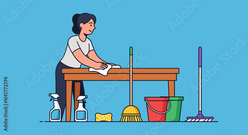 Woman wiping a table with cleaning supplies including spray bottles and mops on a blue background