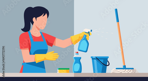 Woman in apron and yellow gloves cleaning with spray bottle next to cleaning supplies and mop on light background