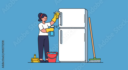 Woman cleaning a white refrigerator with a sponge and spray bottle in a blue room with cleaning supplies