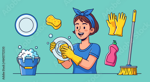 Woman washing dishes with sponge and wearing yellow gloves surrounded by cleaning supplies on a blue background