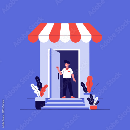 Welcoming new customers to a small business with a friendly greeter at the entrance of a charming storefront