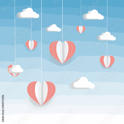 Cute paper hearts and clouds floating in a beautiful blue sky illustration
