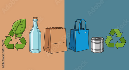 Illustration showing recyclable materials including glass bottle paper bag and metal can with recycle symbol