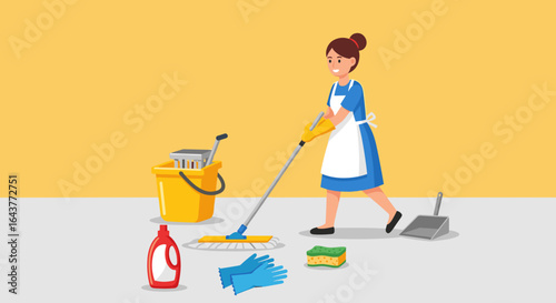 Woman cleaning the floor with a mop and bucket surrounded by cleaning supplies on a yellow background