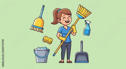 Cartoon woman with cleaning supplies including broom dustpan bucket and spray bottle ready for housework