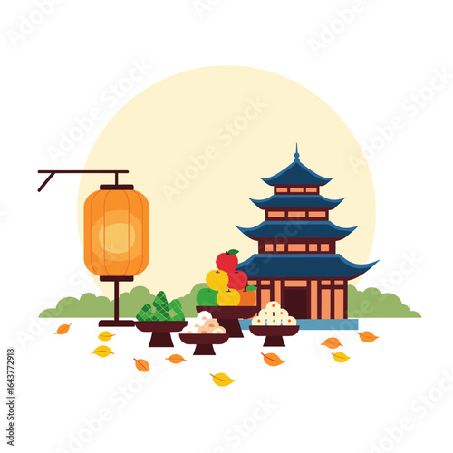 Traditional asian autumn festival celebration with pagoda lantern and offerings of food in warm sunlight