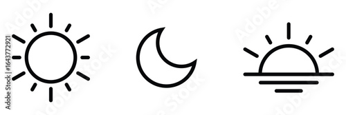 Outline sun moon and sunset icons set, Line art sun moon horizon symbols, flat outline time of day icon collection, simple outline weather icons for day, night, and evening time cycle concepts.