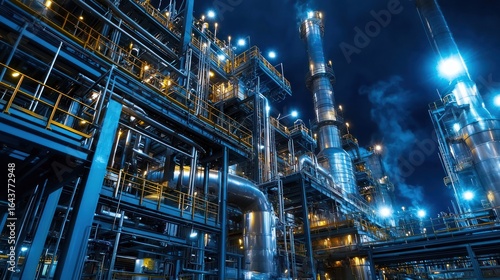 A large industrial oil refinery at night with illuminated towers and pipelines.
