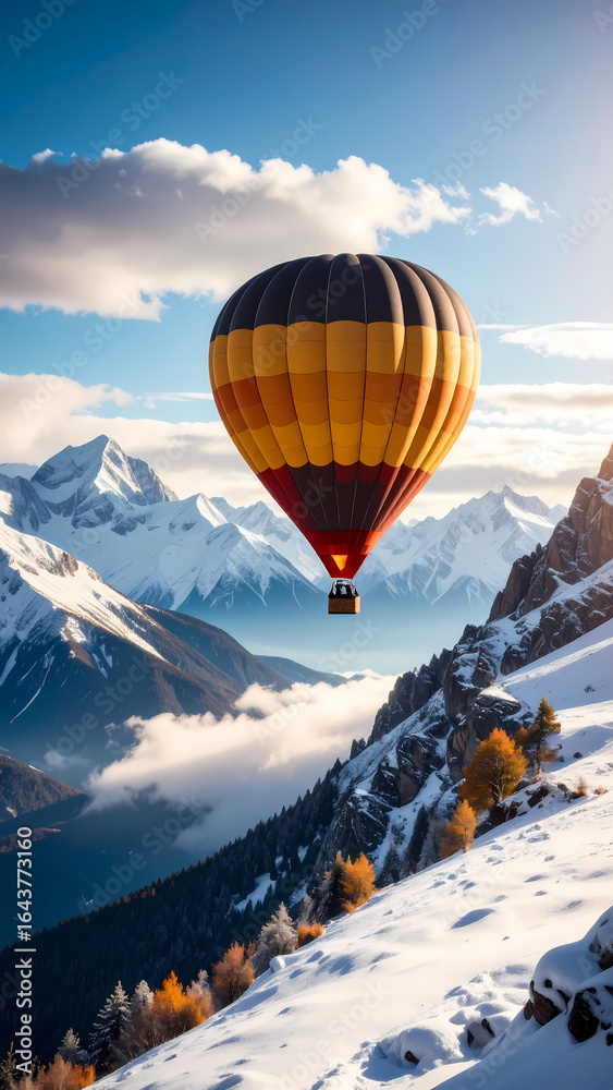 Hot air balloon soaring above snowy mountain peaks in a sunny day Hot air balloon soaring above snowy mountain peaks in a sunny day