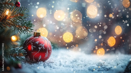 A red Christmas ornament with snowflakes on a snowy background with bokeh lights.