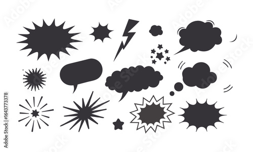 Modern vector illustration collection of black silhouette comic speech bubbles, action bursts, including jagged starbursts, cloud puffs, sharp angular rays, and spiky dialogue frames, easily editable.