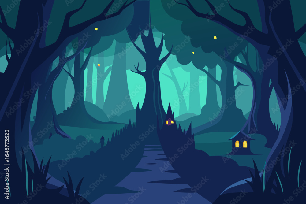 Enchanted forest path leading to a spooky house at night Enchanted forest path leading to a spooky house at night