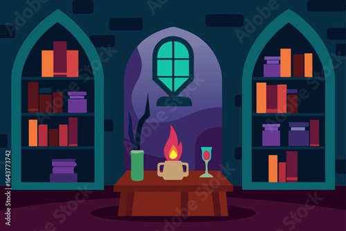 Cozy library scene with bookshelves a candle and a glass of wine